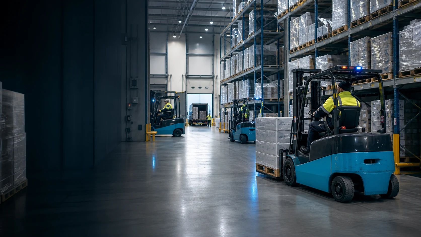 Forklift operators moving palletized goods through a high-throughput warehouse.
